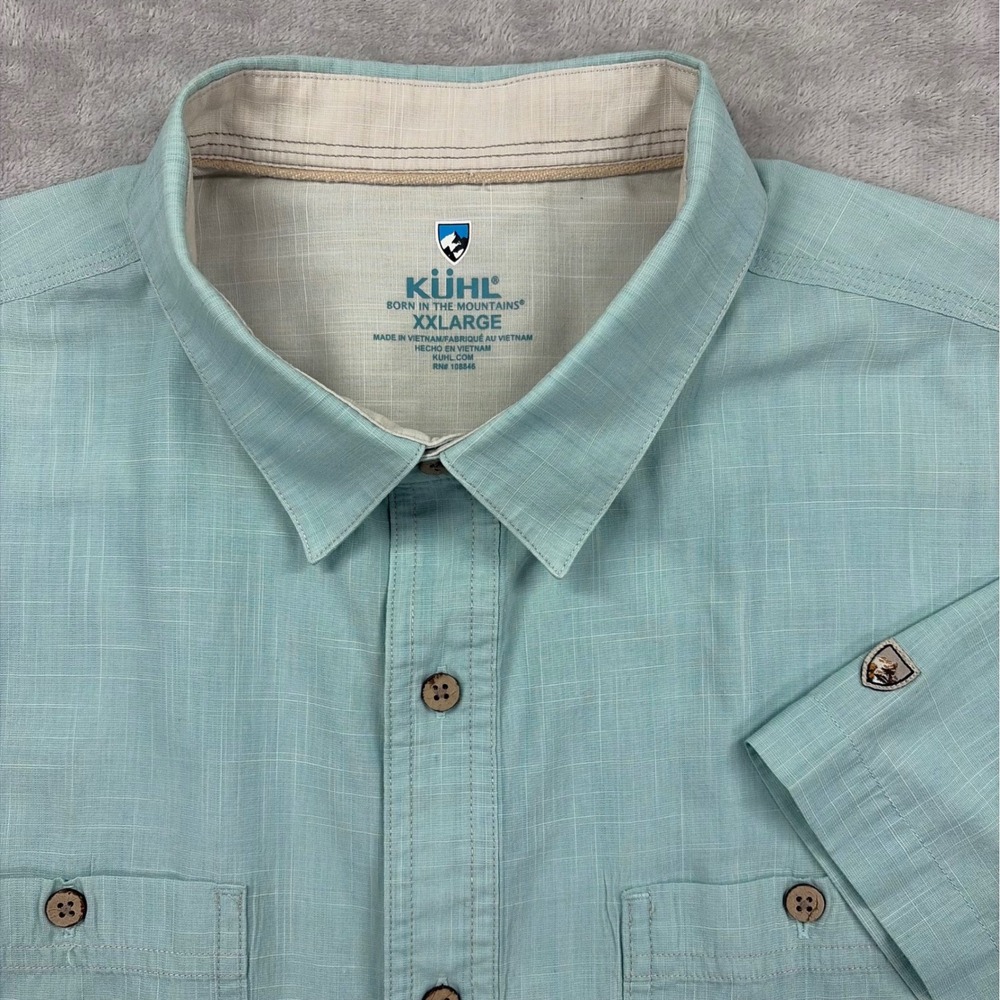 Kuhl Button Down Shirt Mens XXL Green Karib Short Sleeve Chest Pockets Outdoors